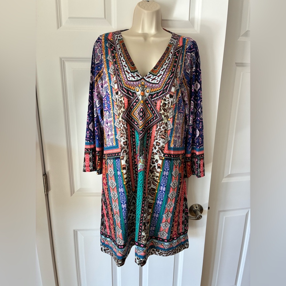 Colorful Patterned V-Neck Dress Hale Bob size S